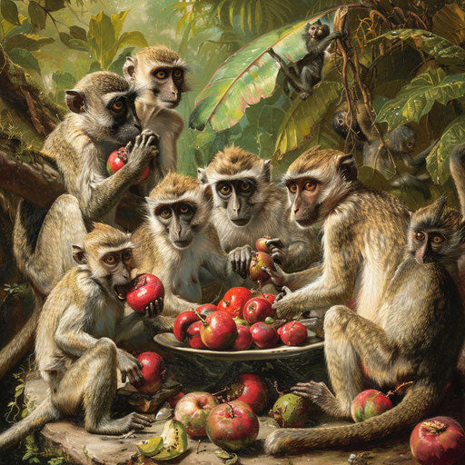 Vervet monkeys feast in the jungle clearing