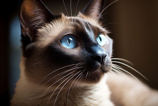 Siamese cat portrait with blue eyes in dark brown and light blue style