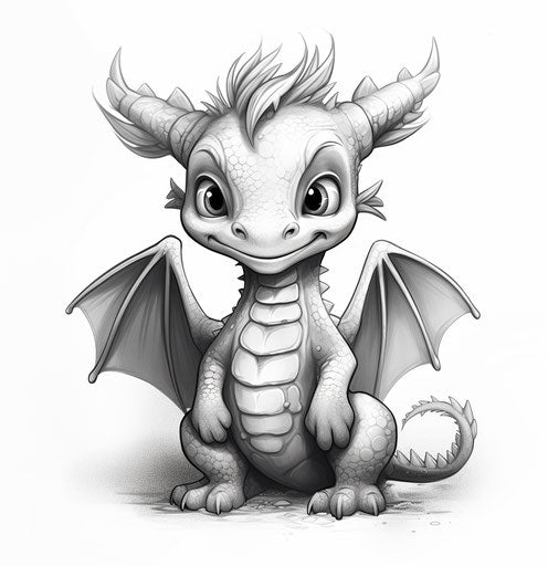 Illustrated baby girl dragon, white background, meticulous inking