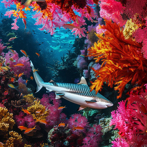 Tiger shark in a colorful coral garden