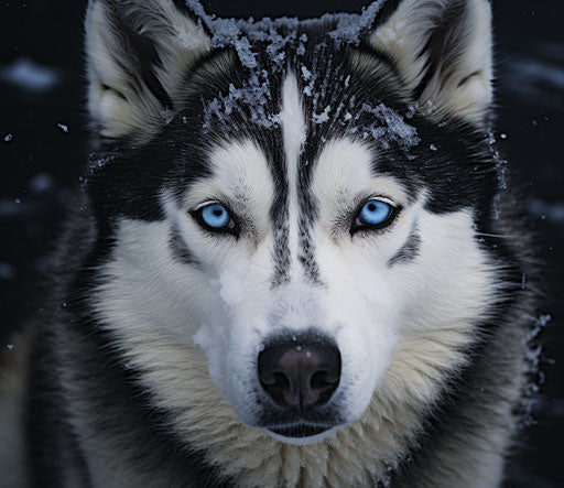 Siberian husky dog with blue eyes facing snowy area