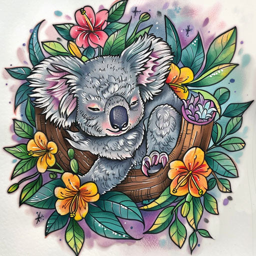 Vibrant flat tattoo sketch of a koala nestled in a blooming eucalyptus tree