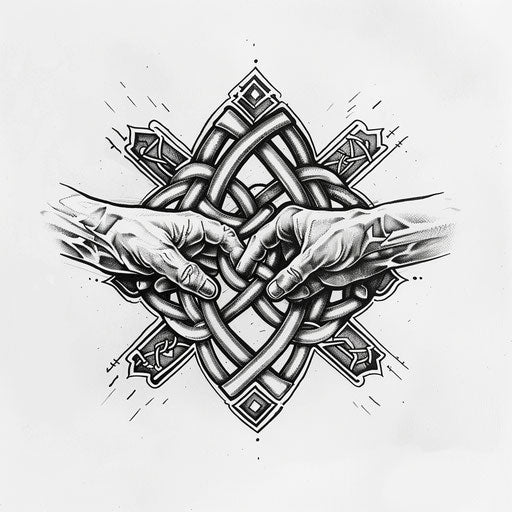Flat tattoo sketch of a sigil for friendship, interwoven with clasping hands and friendship knots