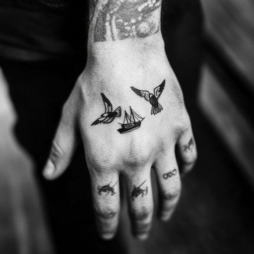 Hand tattoos inspired by Sailor Jerry with swallows and ships