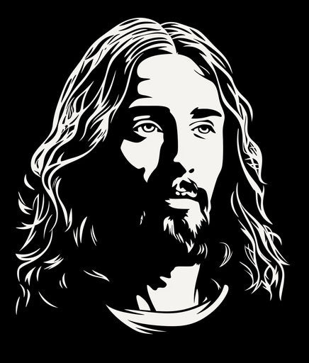 Black and white Jesus head in stencil art style