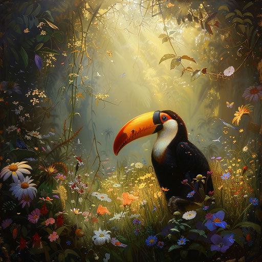 A toco toucan in a peaceful moment, basking in the soft light of a rainforest clearing, surrounded by a carpet of wildflowers.