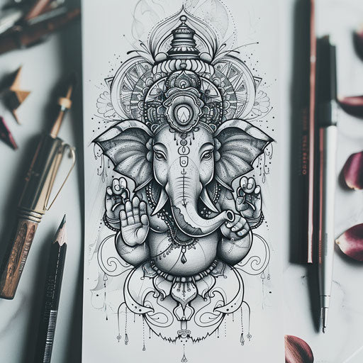 Elegant tattoo sketch of Ganesha in monochrome clipart style