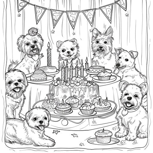 Fun scene of puppies at a birthday party