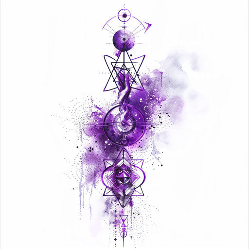 Violet astrological symbols tattoo design, mystic and celestial, on a pure white background.