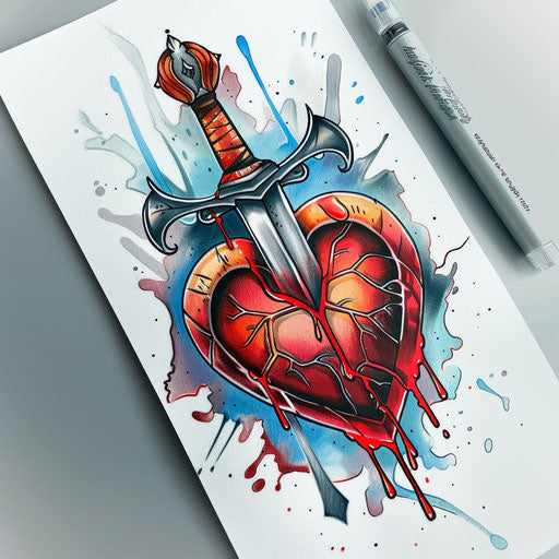 Heart pierced by dagger, neo-traditional tattoo design