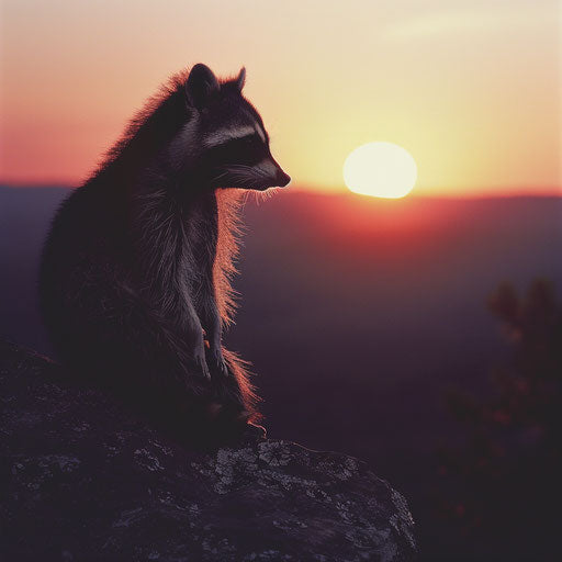 Raccoon silhouette at sunset perched on rocky outcrop overlooking valley