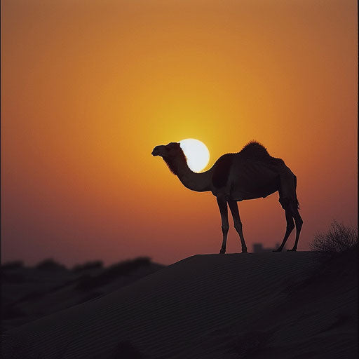 Solitary camel on dune at sunset