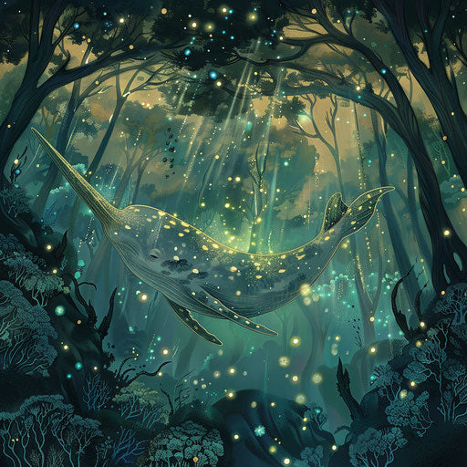 A narwhal journeying through bioluminescent underwater forests