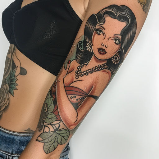 Forearm tattoo featuring a pin-up girl, Ed Hardy style