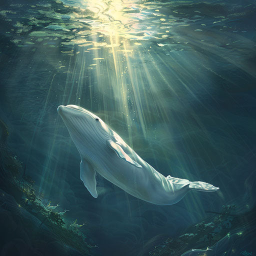 Majestic beluga whale diving under the sun rays