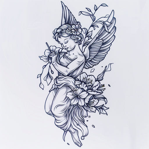 Cherub tattoo inspired by Japanese art on white background