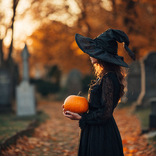 A witch holding a jack-o'-lantern in a cemetery
