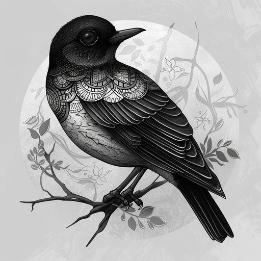 Elegant tattoo sketch of a blackbird with lace-like detailing