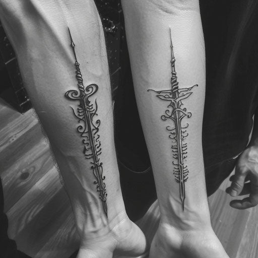 matching best friend tattoos in the style of Peter Jackson with Elvish script