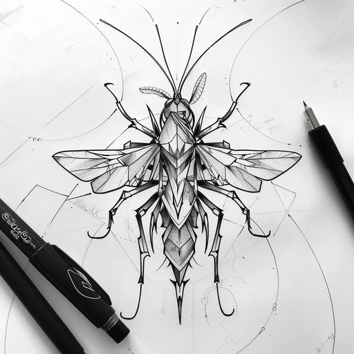 Detailed sketch of a wasp with intricate wings and sharp angular lines
