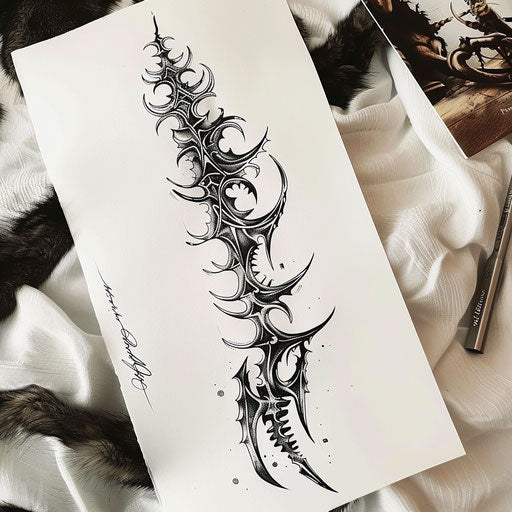 Graphic depiction of an ancient tribal tattoo on a white sheet