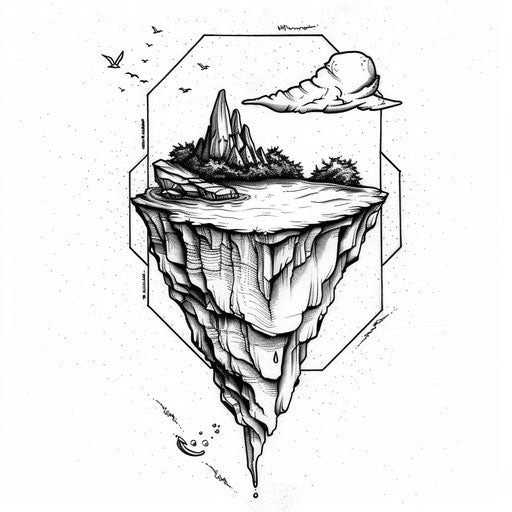 Surreal flat tattoo sketch of a floating island within a hexagonal border