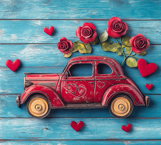 3D vintage car with roses and hearts wall art on blue wooden background, Valentine's Day theme.
