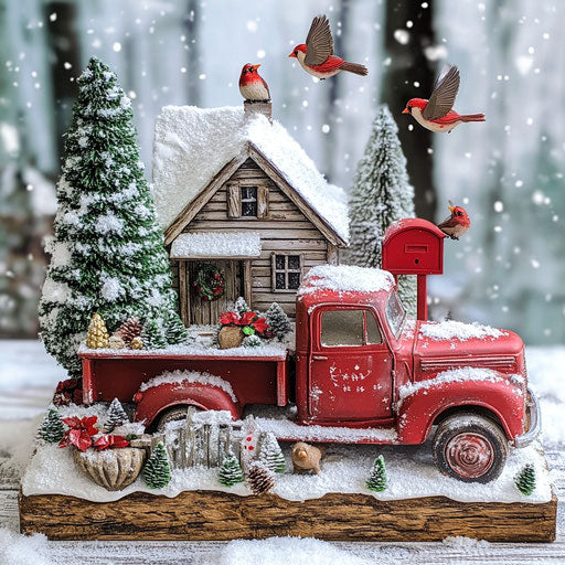 Winter scene with red truck and Christmas tree