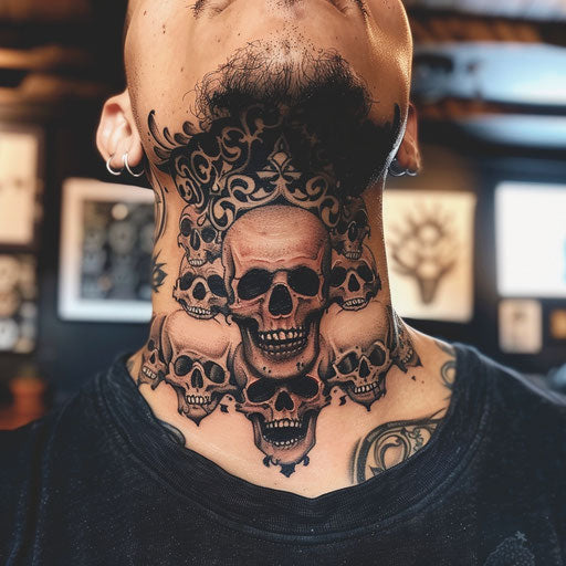 Neck tattoo with dark and gothic skull motifs