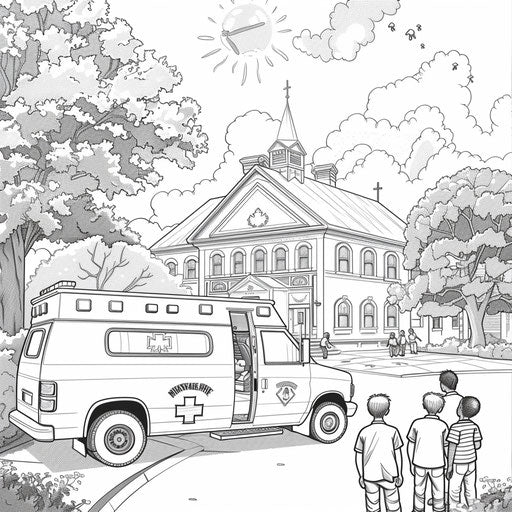 Ambulance in front of school, children learning first aid