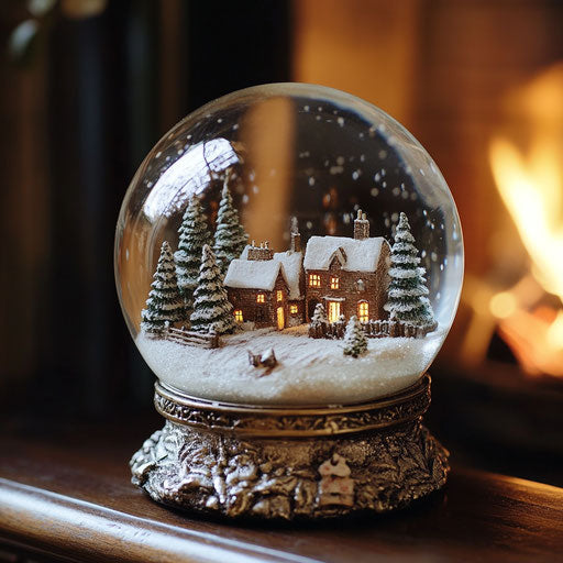 Snowy village in a snow globe by a cozy fire