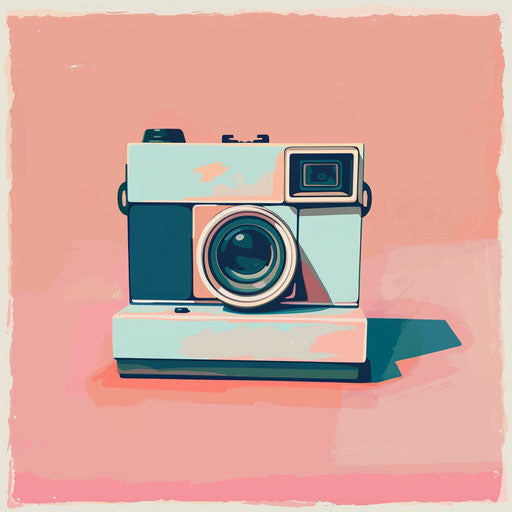 Polaroid clipart in photo realistic style with a flat random background, vintage filter and delicate lines