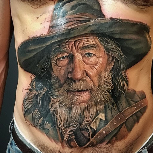Stomach tattoos of men of a wizard, in the style of Peter Jackson