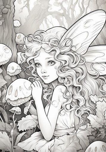 Fairy coloring page in pictorial style, light effects