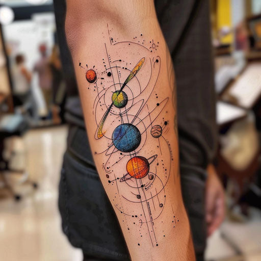 Modern tattoo sketch of the solar system with clean lines and primary colors