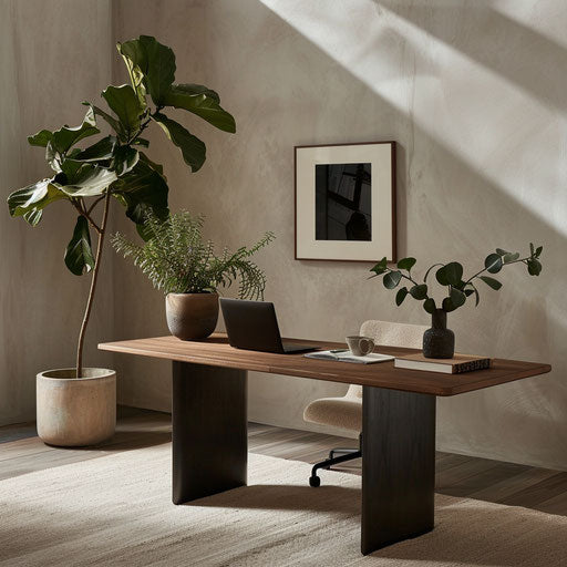 Minimalist home office with laptop and potted plants