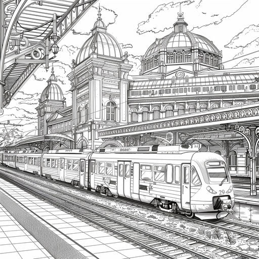 Busy city train station with detailed architecture