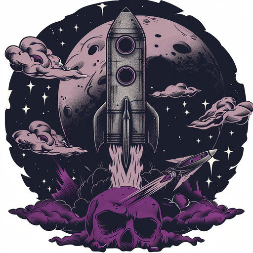 Eerie flat tattoo sketch of a phantom rocket in a spooky space scene