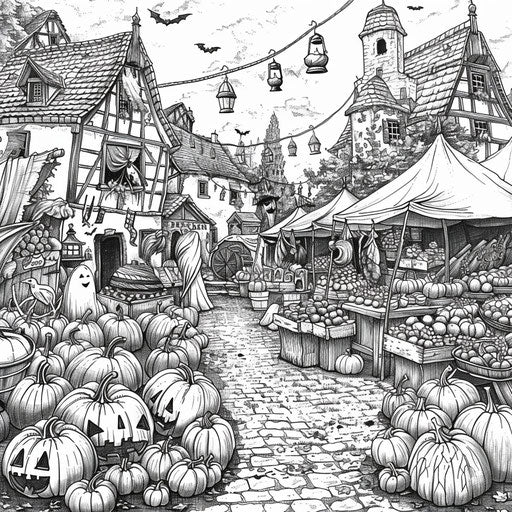 Historical Halloween market scene in the style of Gennady Spirin coloring book page