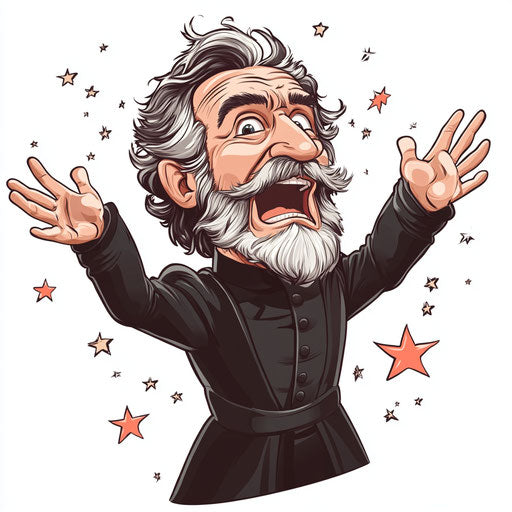 Humorous caricature of a Giuseppe Verdi clipart with human characteristics, exaggerated open mouth, muscular arms, surrounded by stars, vibrant colors, cartoon style, surprised, high resolution, no background, isolated