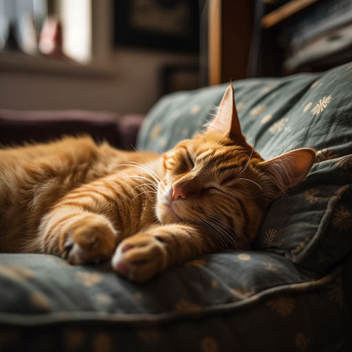 Ginger cat sleeping on a couch with its owner