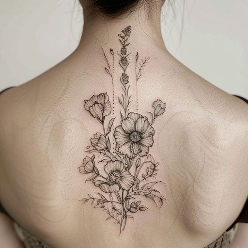 Floral fine line tattoo inspired by Maria Sibylla Merian