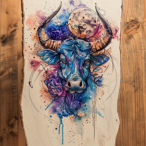 Bold and dramatic tattoo sketch of the Taurus constellation with a cosmic background and vibrant blues and purples