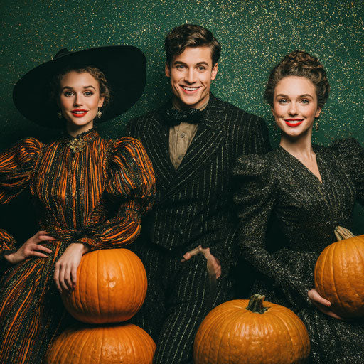 Three people in Halloween costumes with pumpkins
