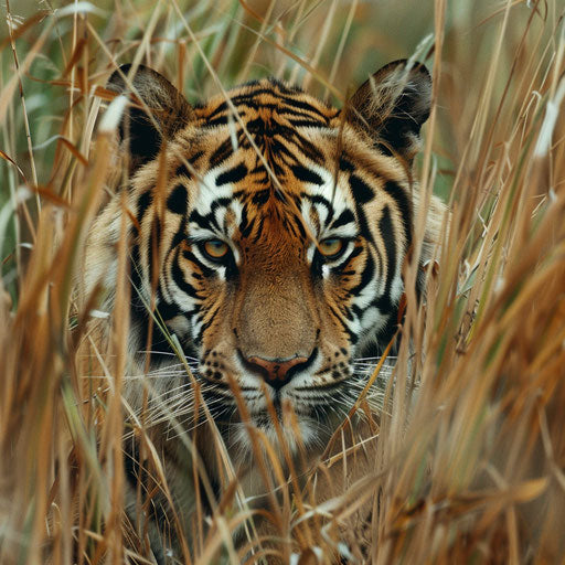 A tiger hidden in a field of tall grasses, piercing eyes