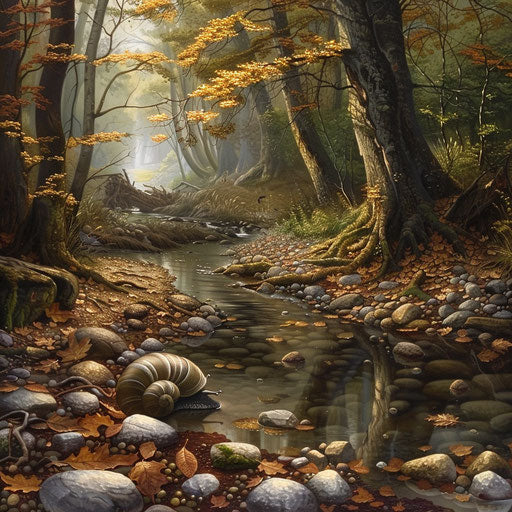 Resting wolf snail by a tranquil forest stream