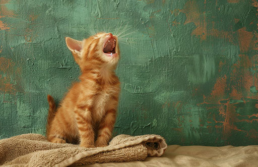 Orange kitten yawning on towel on green bed