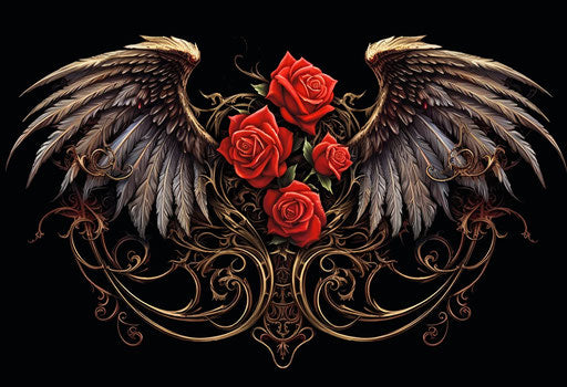 The wings with a rose, in ornate style, red and black lines