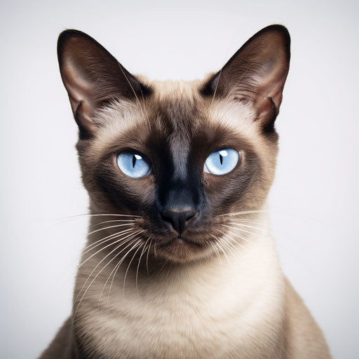 Siamese female stray: small brown and white cat on white background