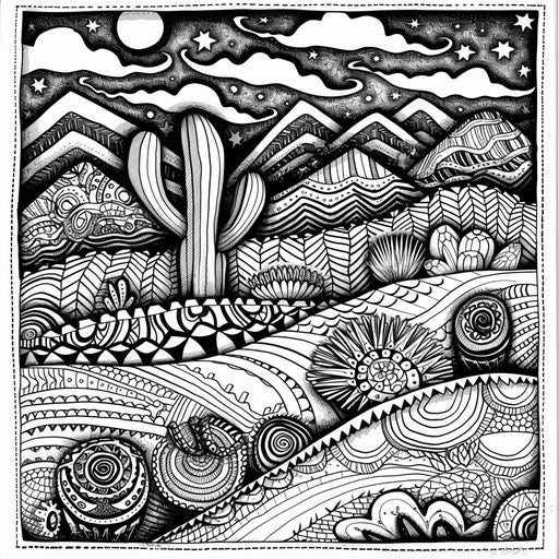 Complex zentangle design of a diverse desert landscape